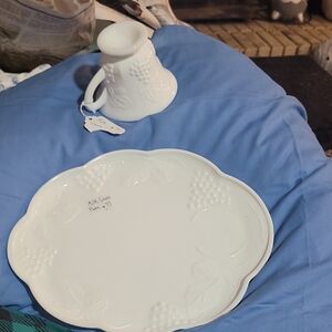 Milk Glass Grape Design Platter and Tea Cup
